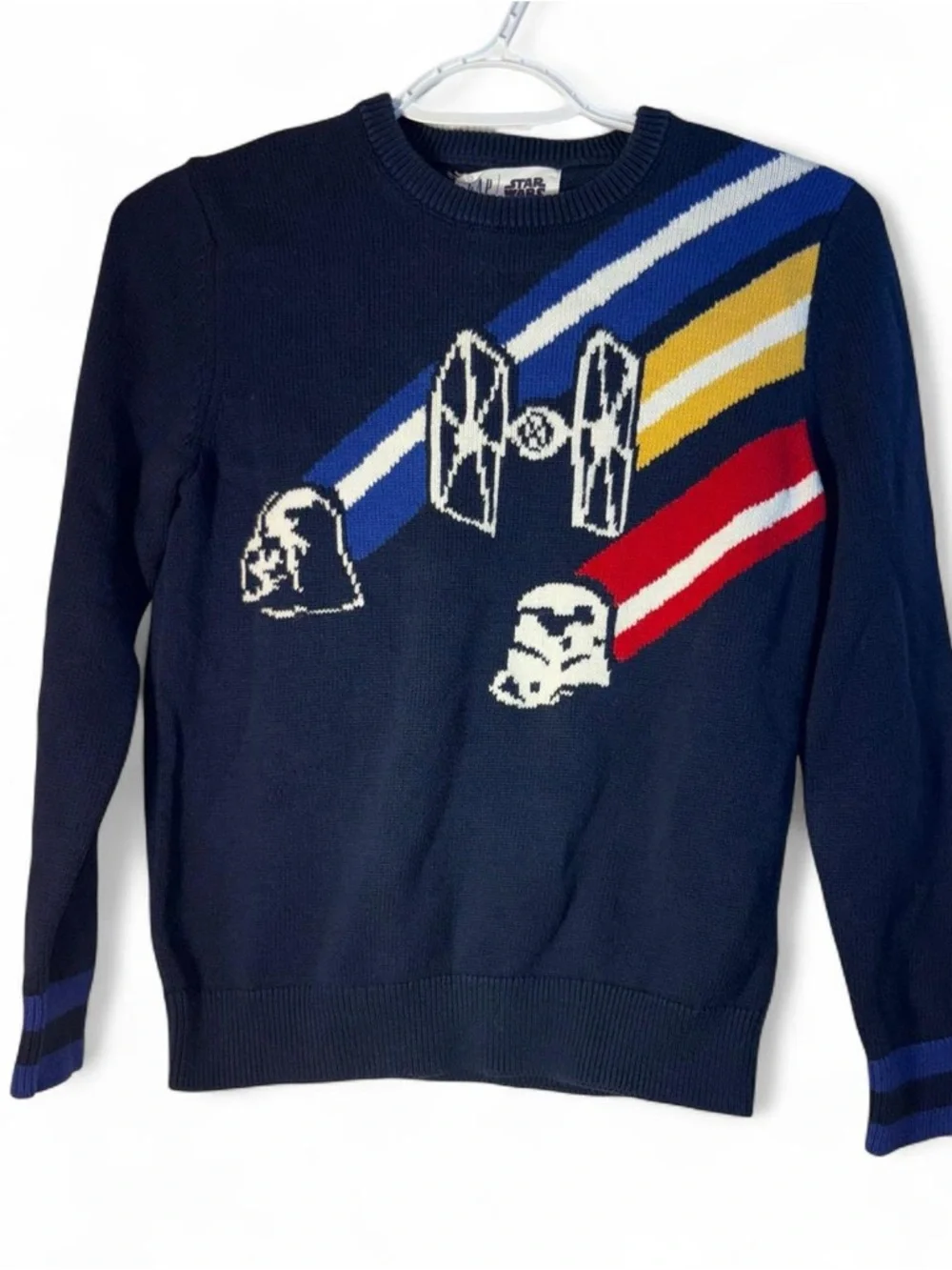 GAP Navy Star Wars Crewneck Sweater with Red, Blue, Yellow Stripes